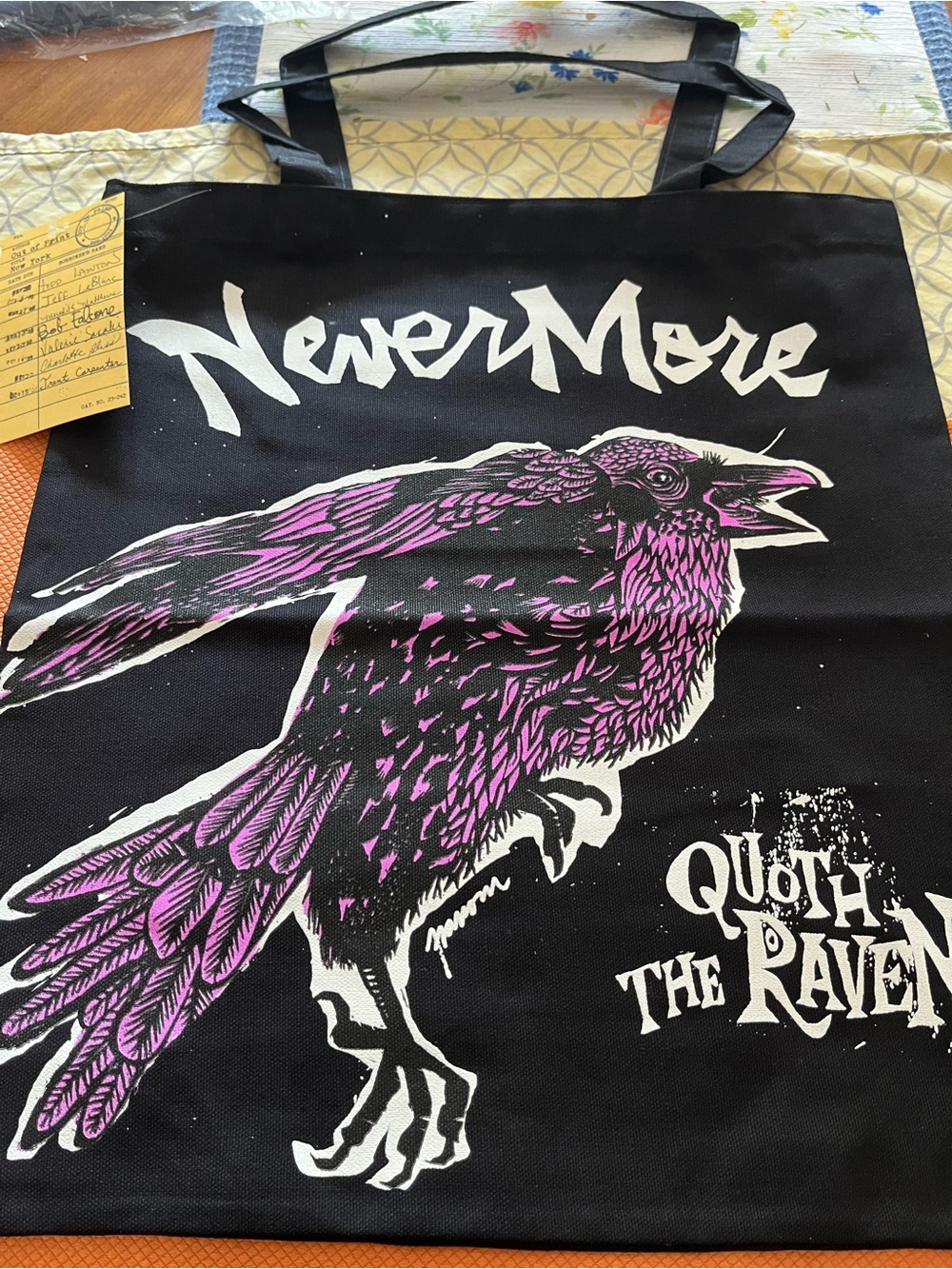 Out of Print Black Tote with Purple Graphic and White Accent Nevermore Raven